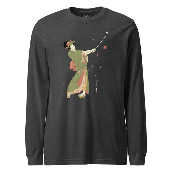 Geisha Golf Player Japanese Ukiyo-e Unisex Long Sleeve Tee Dark Grey Heather - Samurai Original