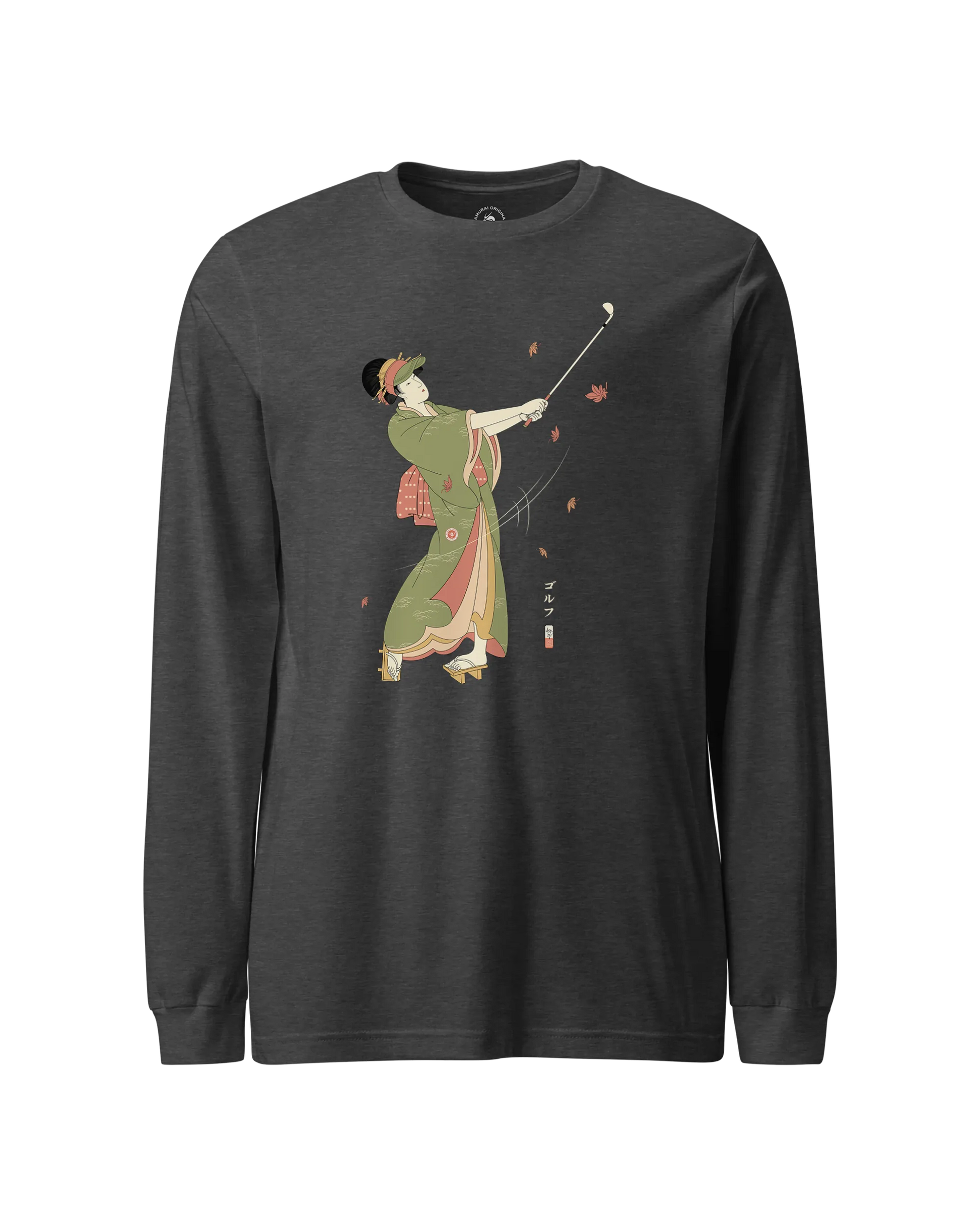 Geisha Golf Player Japanese Ukiyo-e Unisex Long Sleeve Tee Dark Grey Heather - Samurai Original