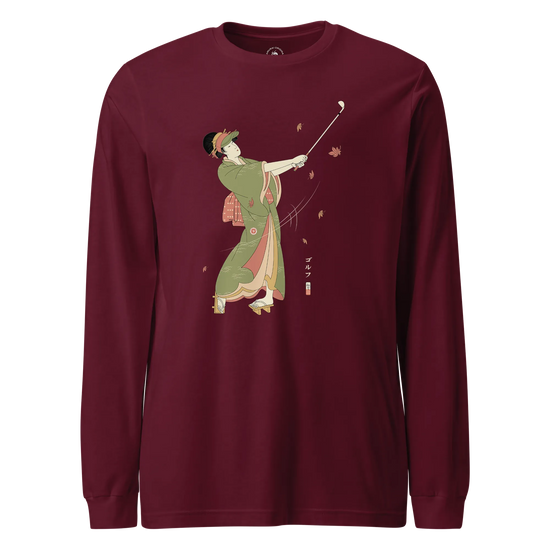 Geisha Golf Player Japanese Ukiyo-e Unisex Long Sleeve Tee Maroon - Samurai Original