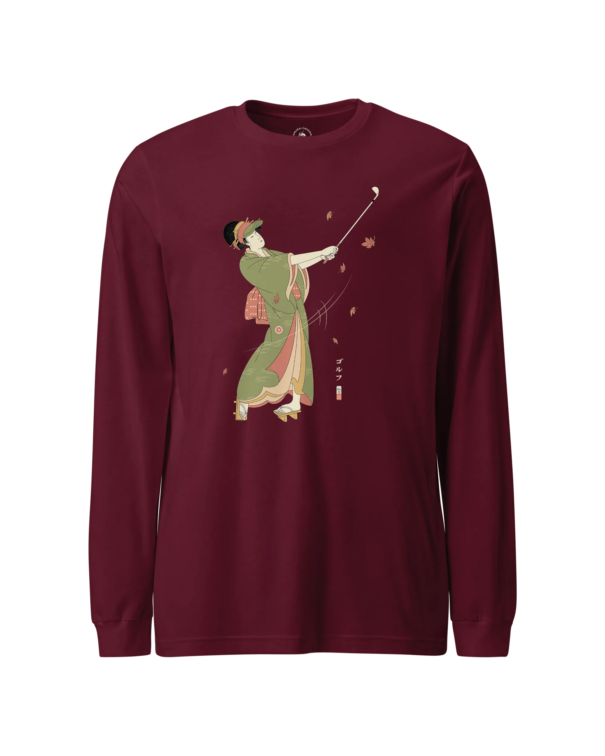 Geisha Golf Player Japanese Ukiyo-e Unisex Long Sleeve Tee Maroon - Samurai Original
