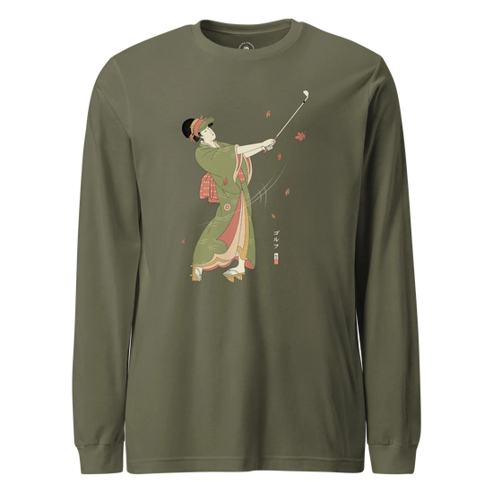 Geisha Golf Player Japanese Ukiyo-e Unisex Long Sleeve Tee Military Green - Samurai Original