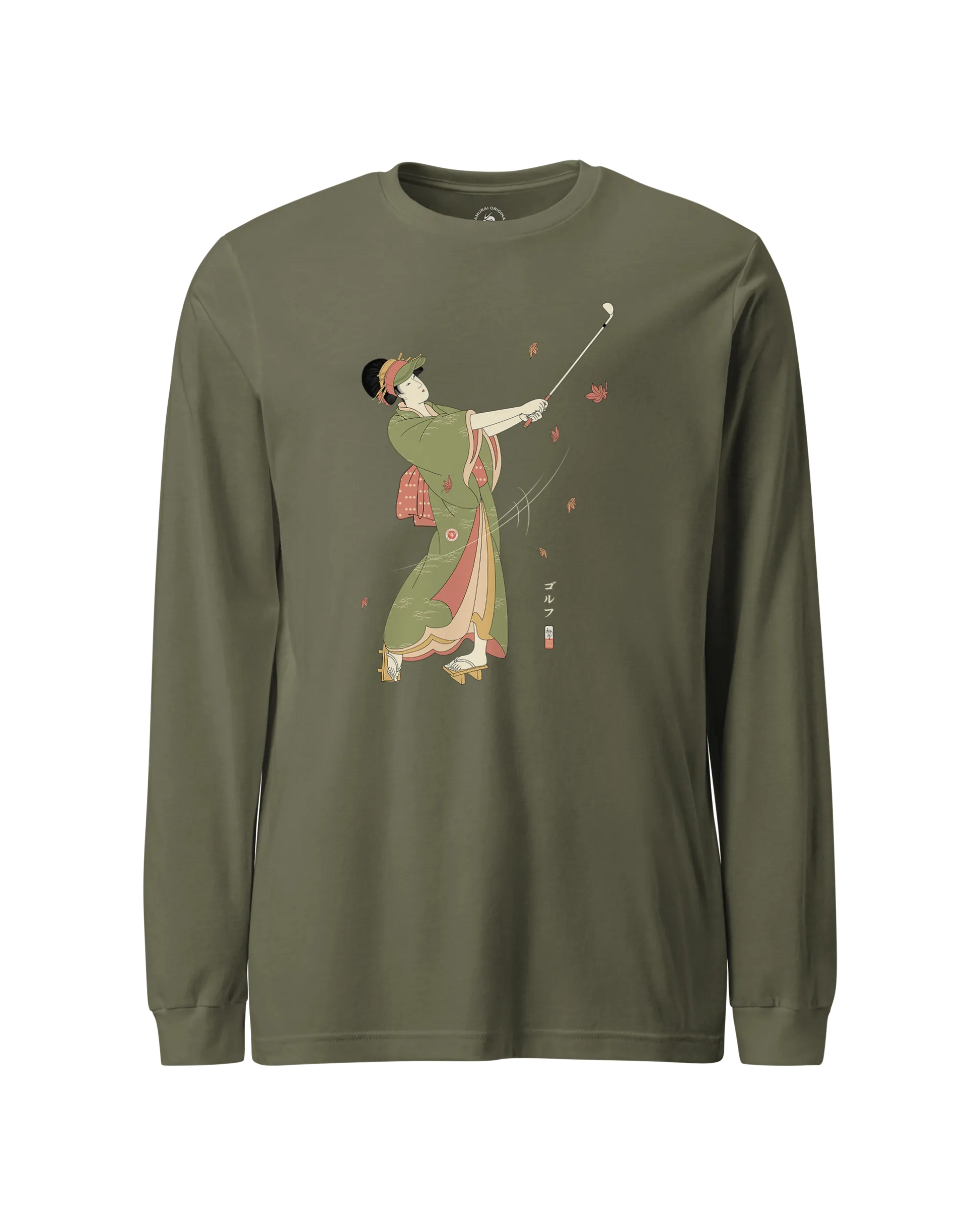 Geisha Golf Player Japanese Ukiyo-e Unisex Long Sleeve Tee Military Green - Samurai Original