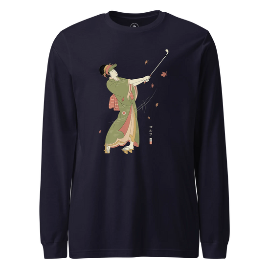 Geisha Golf Player Japanese Ukiyo-e Unisex Long Sleeve Tee Navy - Samurai Original