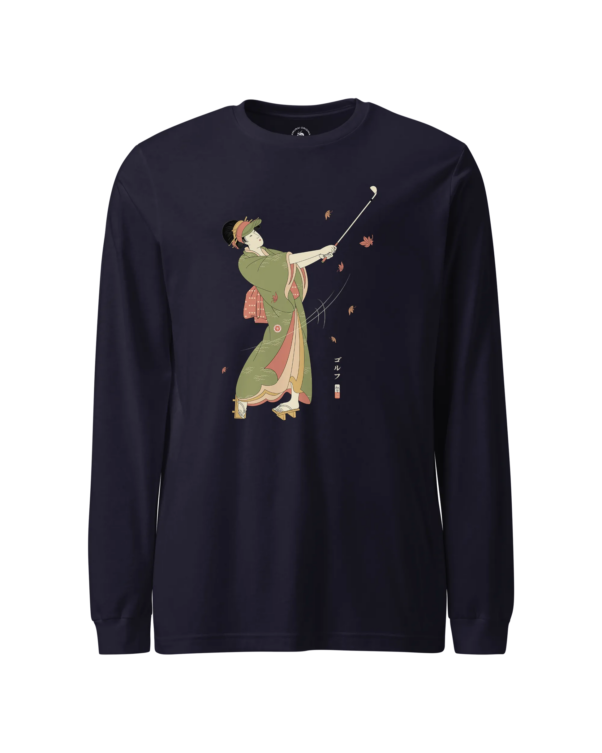 Geisha Golf Player Japanese Ukiyo-e Unisex Long Sleeve Tee Navy - Samurai Original