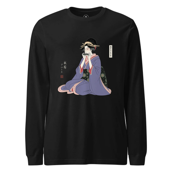 Geisha Harmonica Japanese Ukiyo-e Unisex Long Sleeve Tee Black - Samurai Original