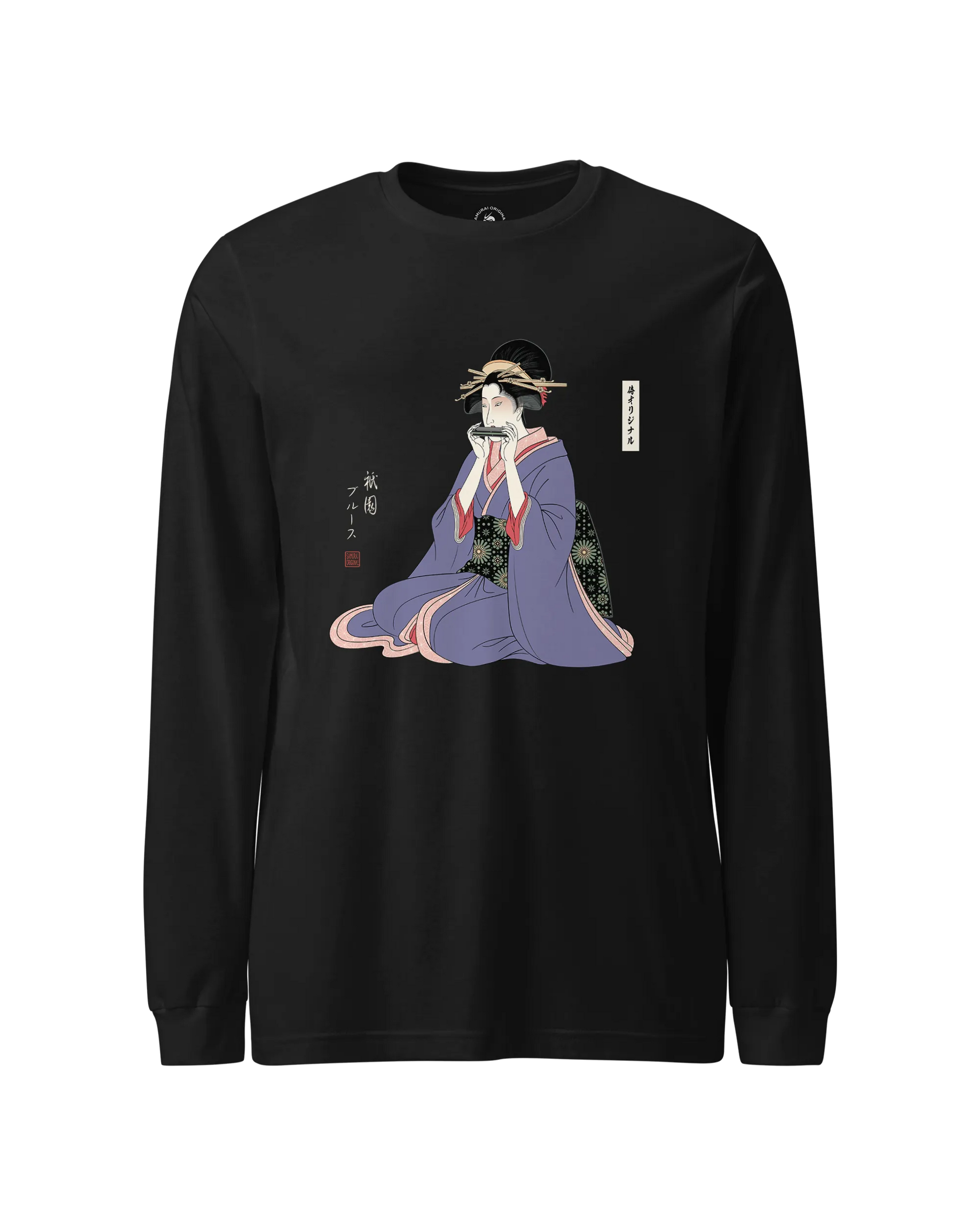 Geisha Harmonica Japanese Ukiyo-e Unisex Long Sleeve Tee Black - Samurai Original