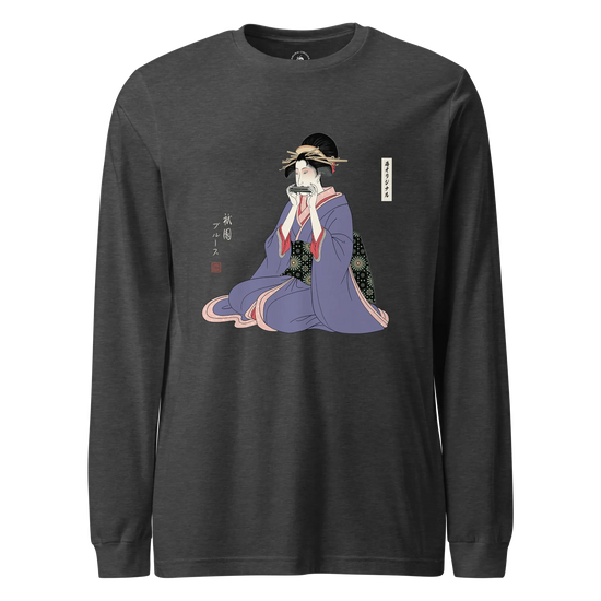 Geisha Harmonica Japanese Ukiyo-e Unisex Long Sleeve Tee Dark Grey Heather - Samurai Original