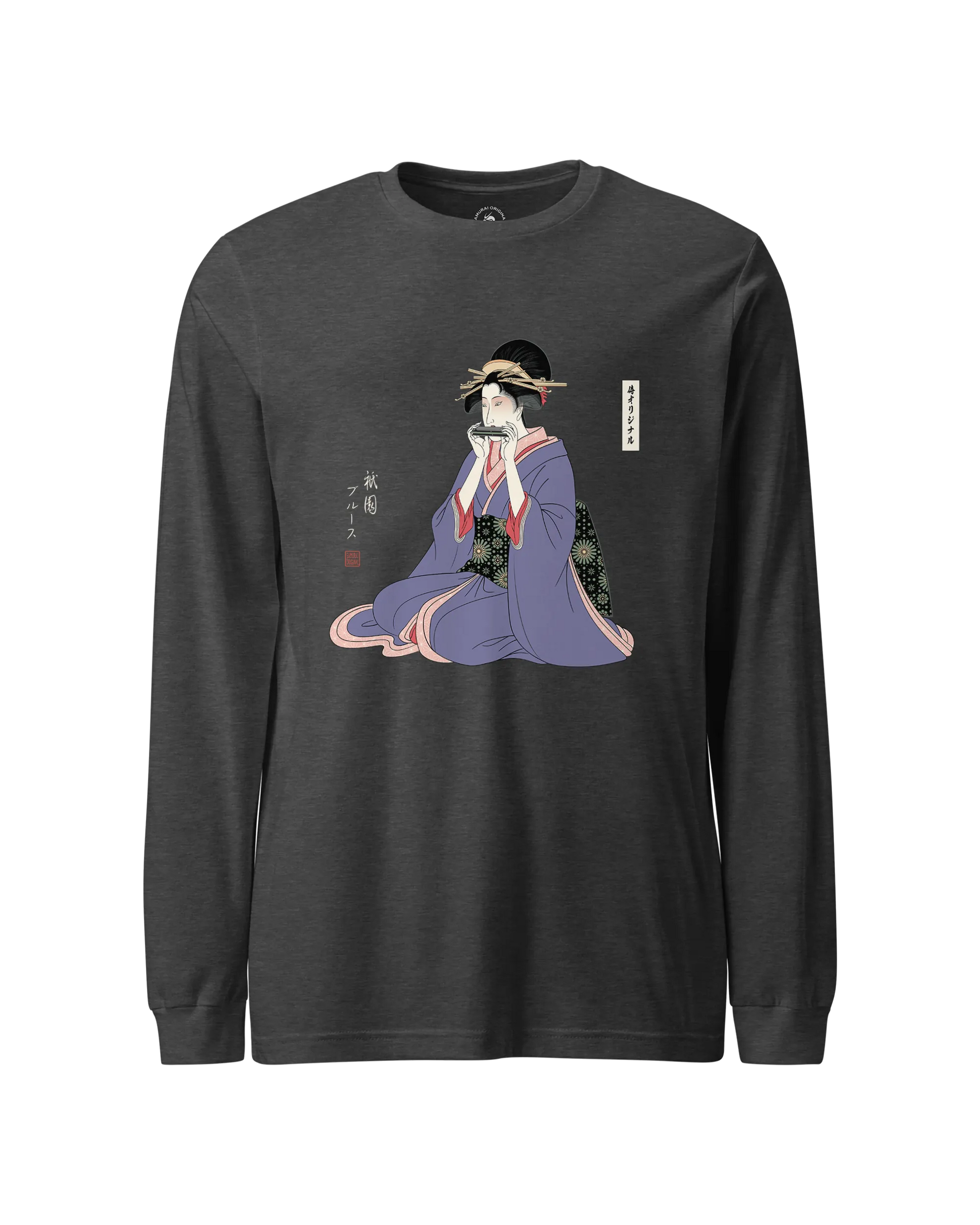 Geisha Harmonica Japanese Ukiyo-e Unisex Long Sleeve Tee Dark Grey Heather - Samurai Original
