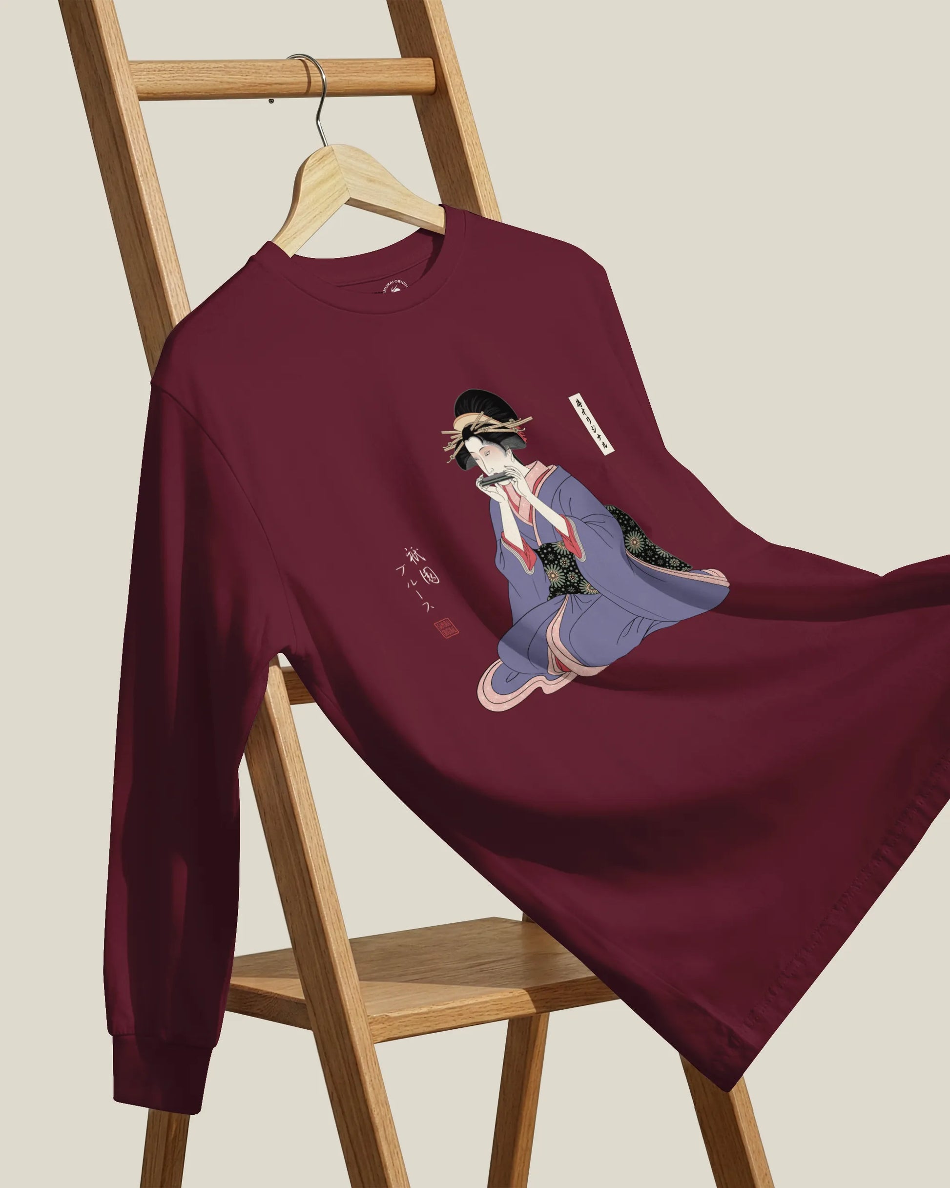 Geisha Harmonica Japanese Ukiyo-e Unisex Long Sleeve Tee - Samurai Original