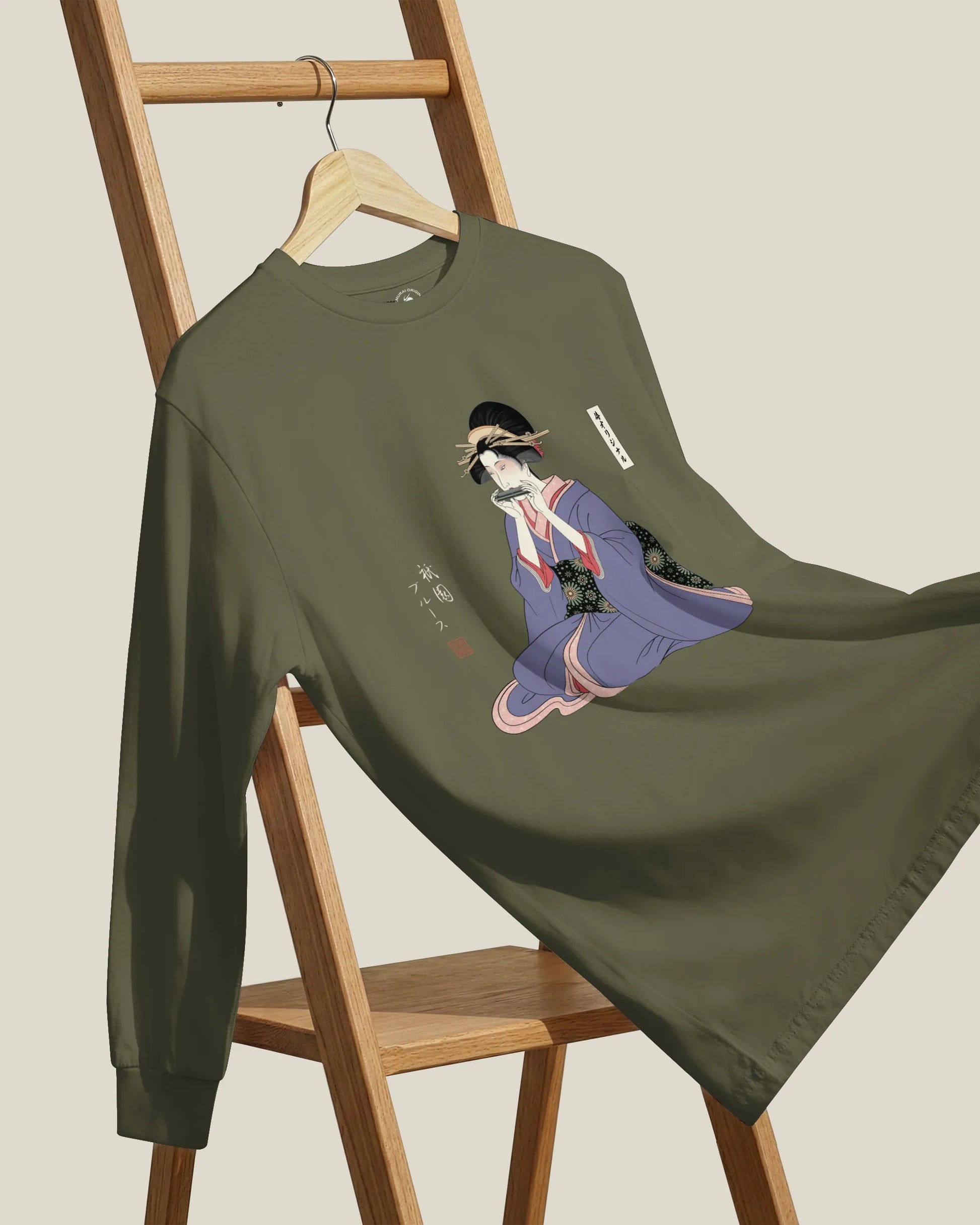 Geisha Harmonica Japanese Ukiyo-e Unisex Long Sleeve Tee - Samurai Original