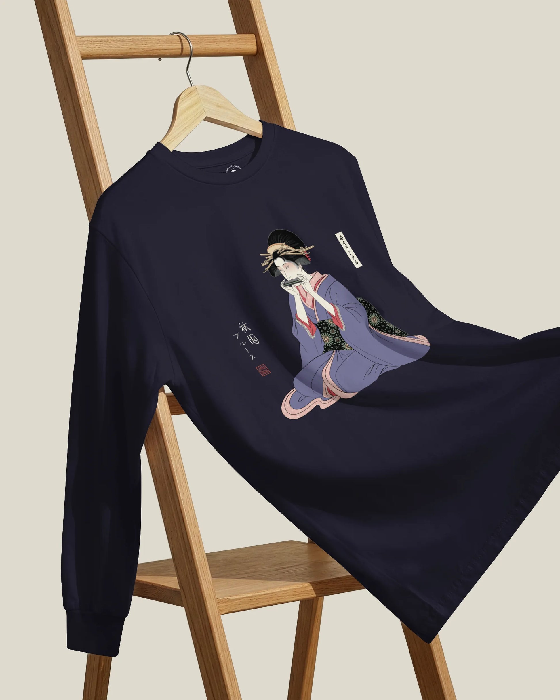 Geisha Harmonica Japanese Ukiyo-e Unisex Long Sleeve Tee - Samurai Original