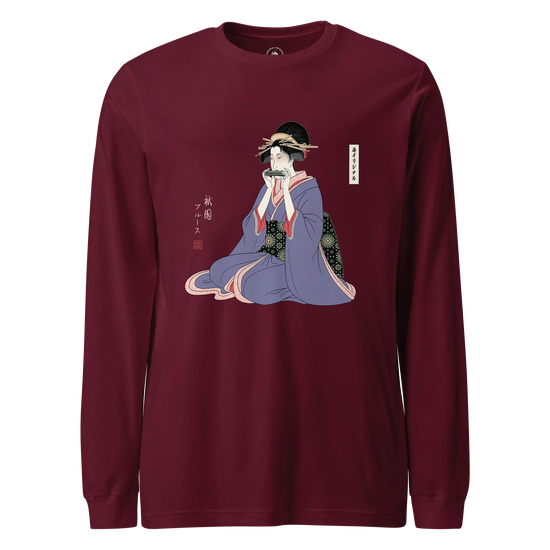 Geisha Harmonica Japanese Ukiyo-e Unisex Long Sleeve Tee Maroon - Samurai Original