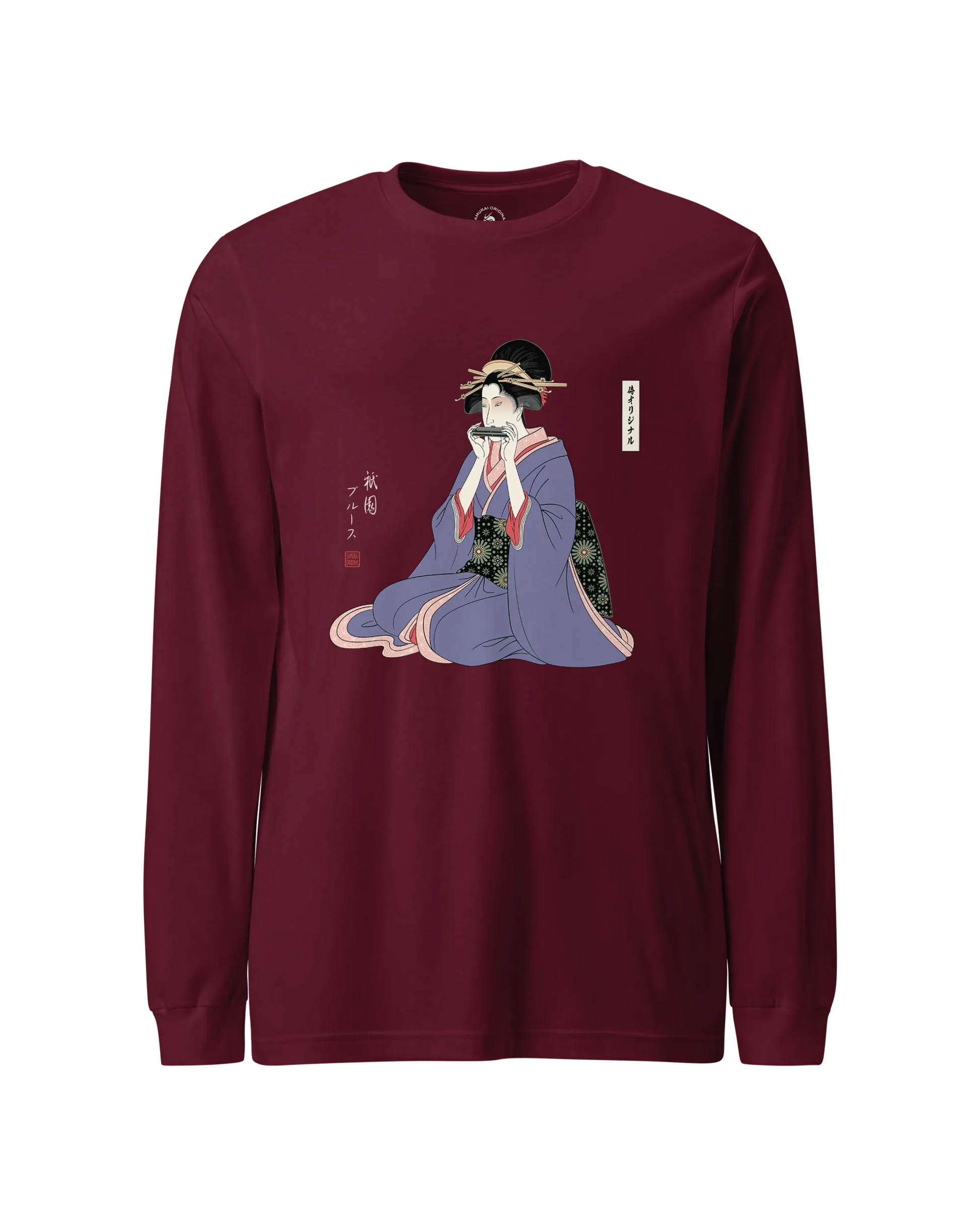 Geisha Harmonica Japanese Ukiyo-e Unisex Long Sleeve Tee Maroon - Samurai Original
