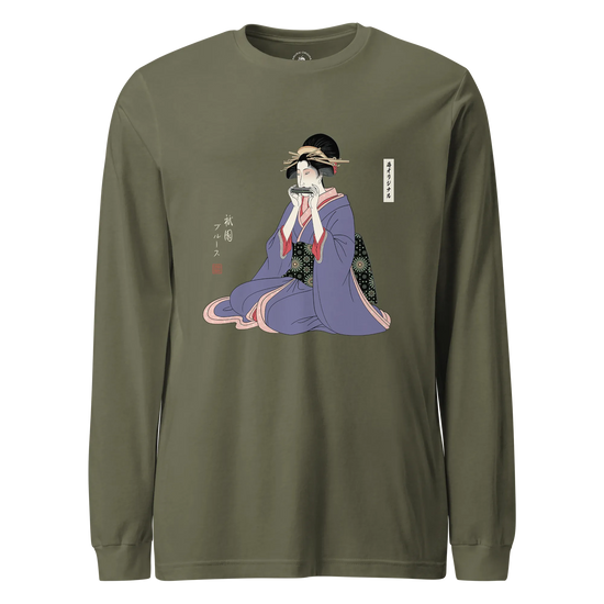 Geisha Harmonica Japanese Ukiyo-e Unisex Long Sleeve Tee Military Green - Samurai Original