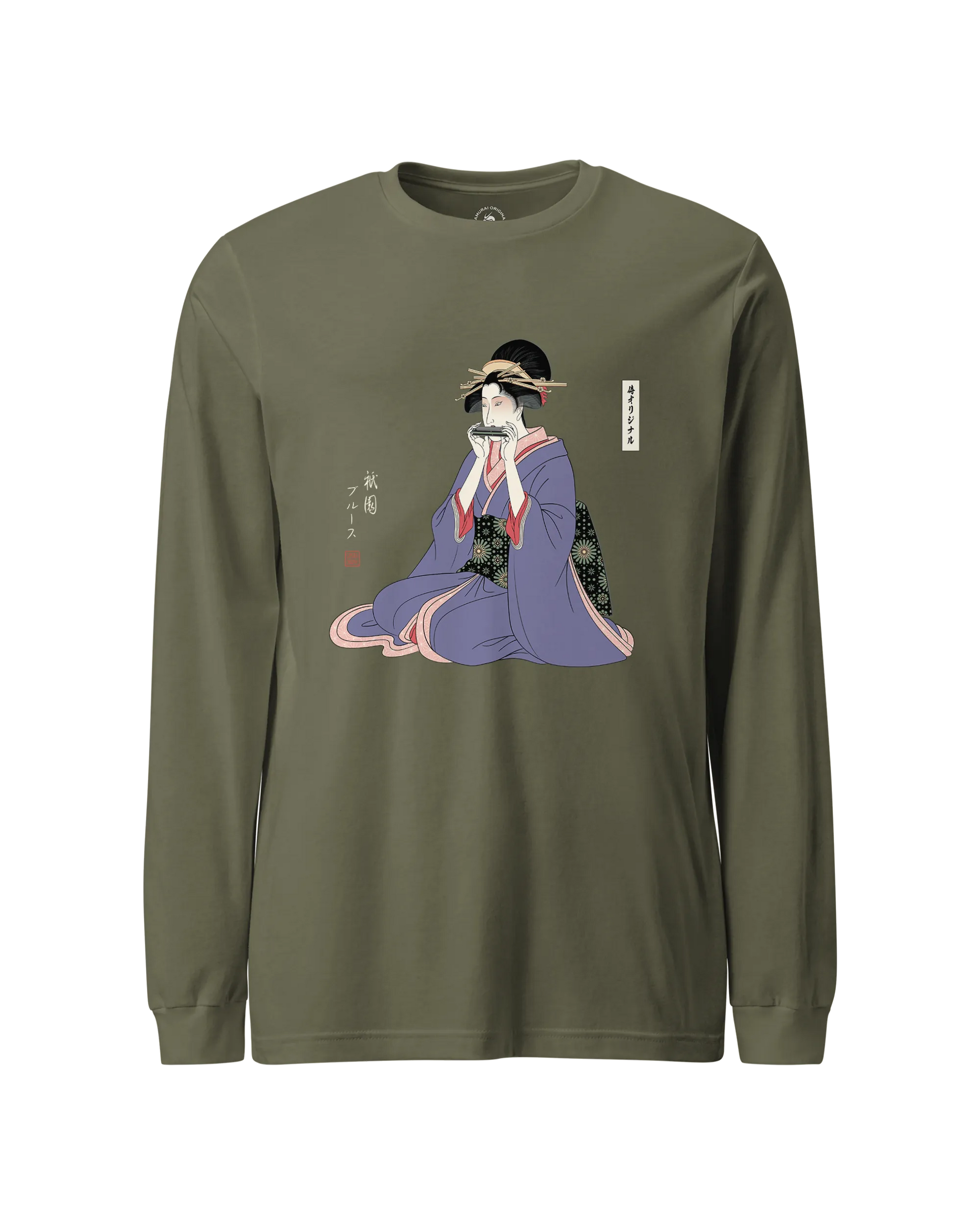 Geisha Harmonica Japanese Ukiyo-e Unisex Long Sleeve Tee Military Green - Samurai Original