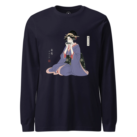 Geisha Harmonica Japanese Ukiyo-e Unisex Long Sleeve Tee Navy - Samurai Original