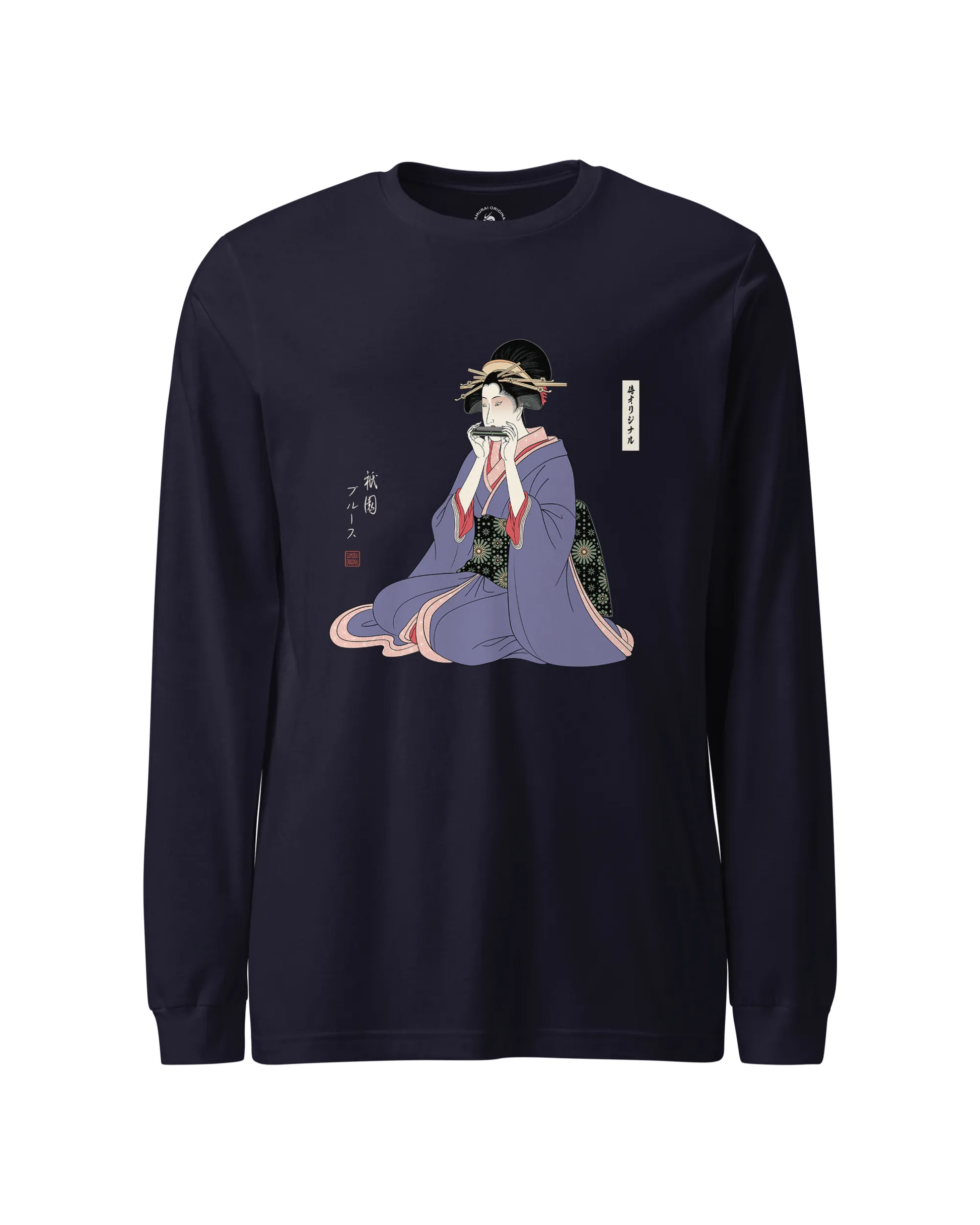 Geisha Harmonica Japanese Ukiyo-e Unisex Long Sleeve Tee Navy - Samurai Original