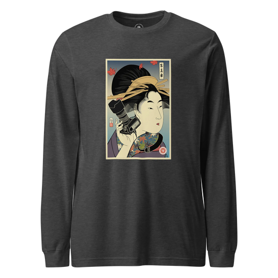 Geisha Photographer Ukiyo-e Unisex Long Sleeve Tee Dark Grey Heather - Samurai Original