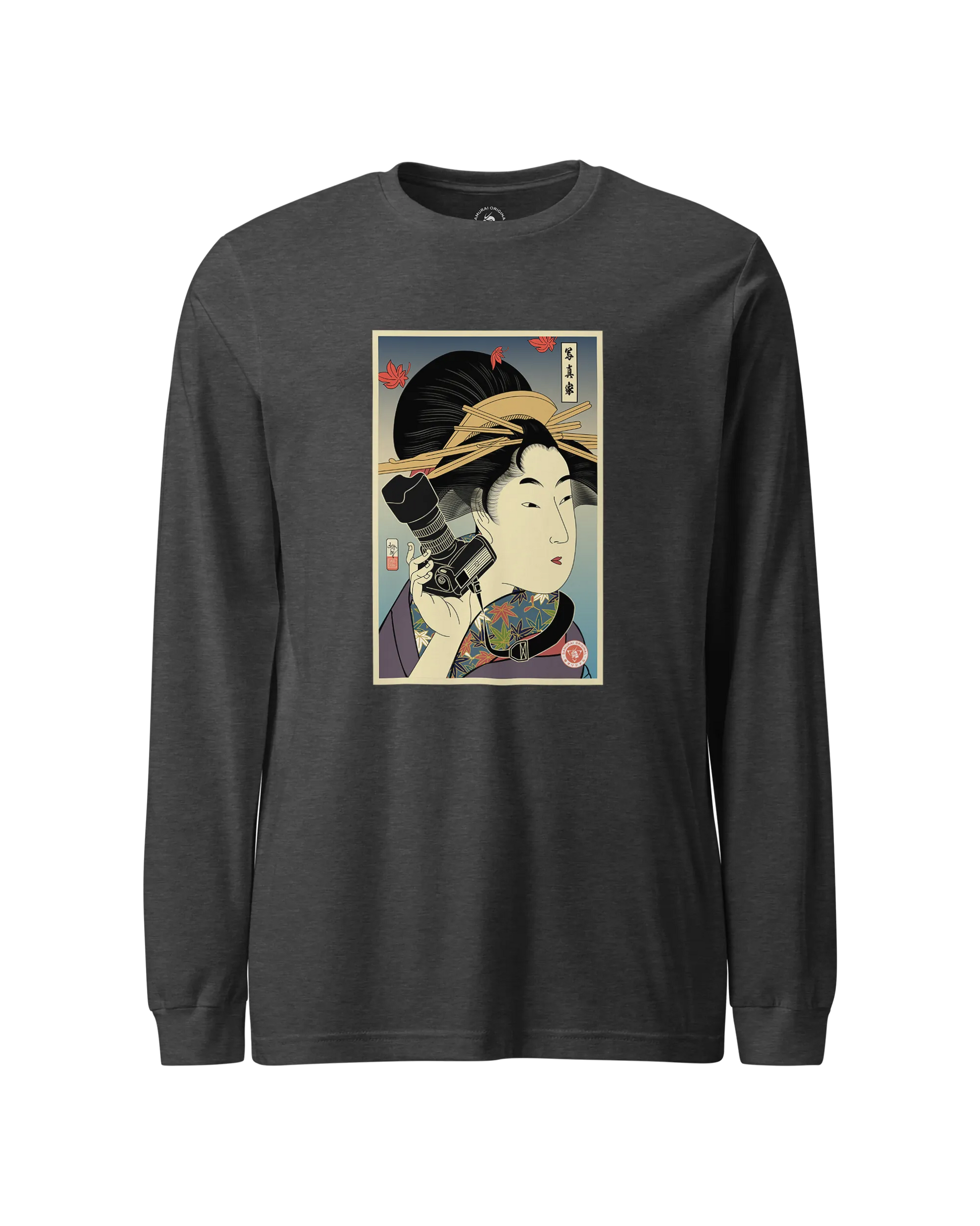 Geisha Photographer Ukiyo-e Unisex Long Sleeve Tee Dark Grey Heather - Samurai Original