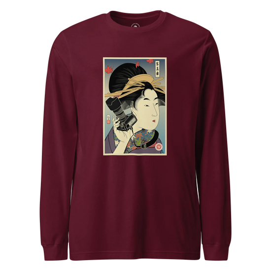 Geisha Photographer Ukiyo-e Unisex Long Sleeve Tee Maroon - Samurai Original