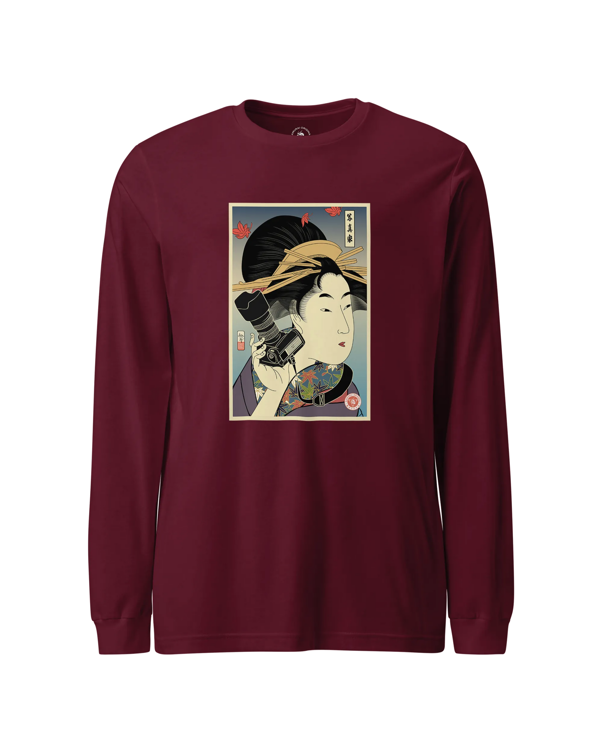 Geisha Photographer Ukiyo-e Unisex Long Sleeve Tee Maroon - Samurai Original