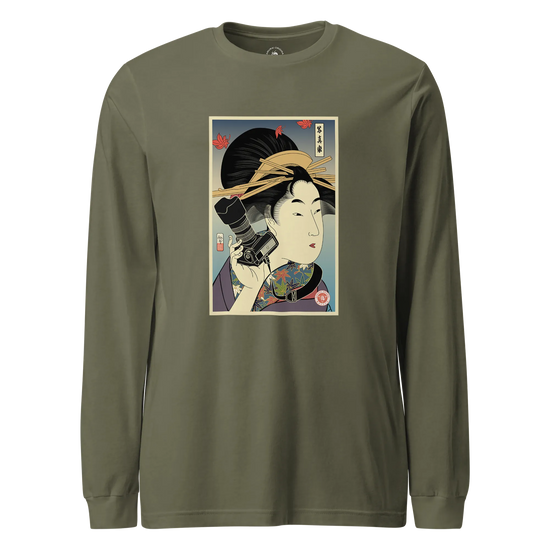 Geisha Photographer Ukiyo-e Unisex Long Sleeve Tee Military Green - Samurai Original