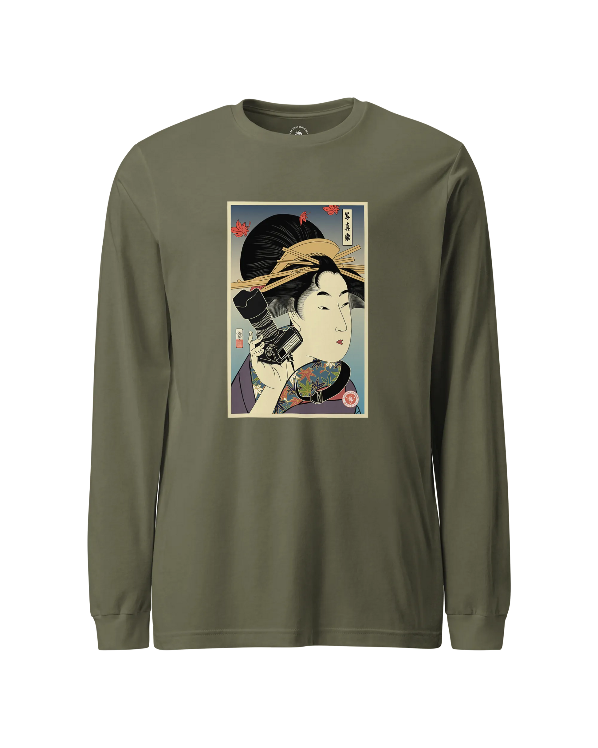 Geisha Photographer Ukiyo-e Unisex Long Sleeve Tee Military Green - Samurai Original