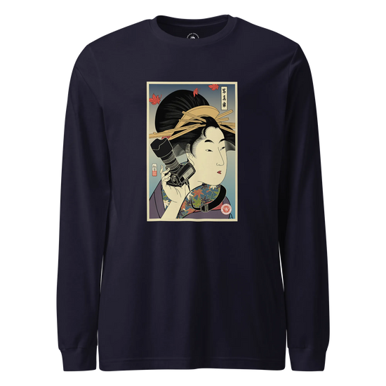 Geisha Photographer Ukiyo-e Unisex Long Sleeve Tee Navy - Samurai Original