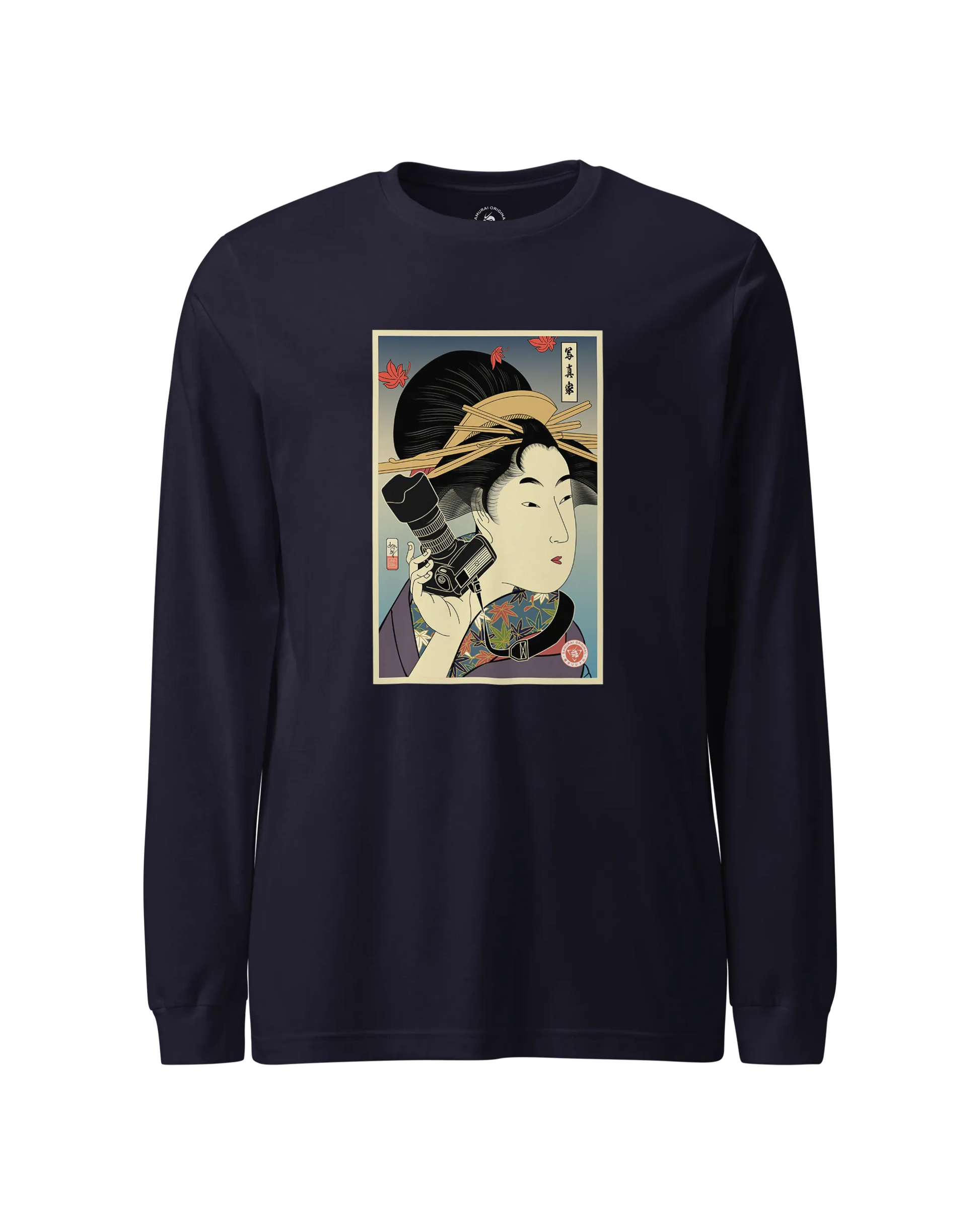 Geisha Photographer Ukiyo-e Unisex Long Sleeve Tee Navy - Samurai Original