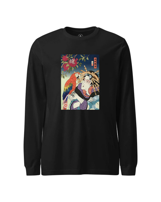 Geisha & Macaw Parrot Ukiyo-e  Unisex Long Sleeve Tee