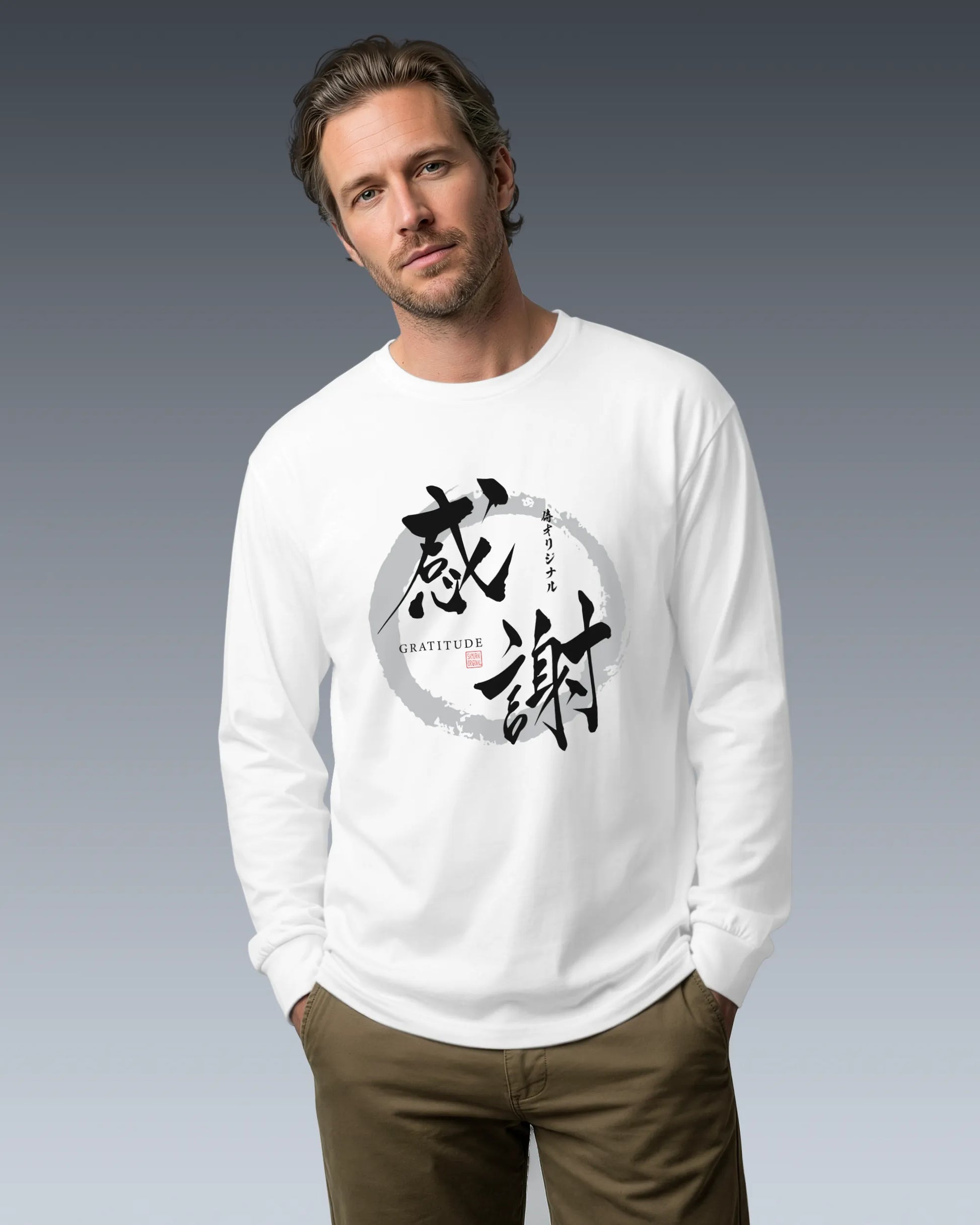 Gratitude Japanese Calligraphy Unisex Long Sleeve Tee - Samurai Original
