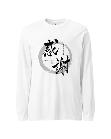 Gratitude Japanese Calligraphy Unisex Long Sleeve Tee White - Samurai Original