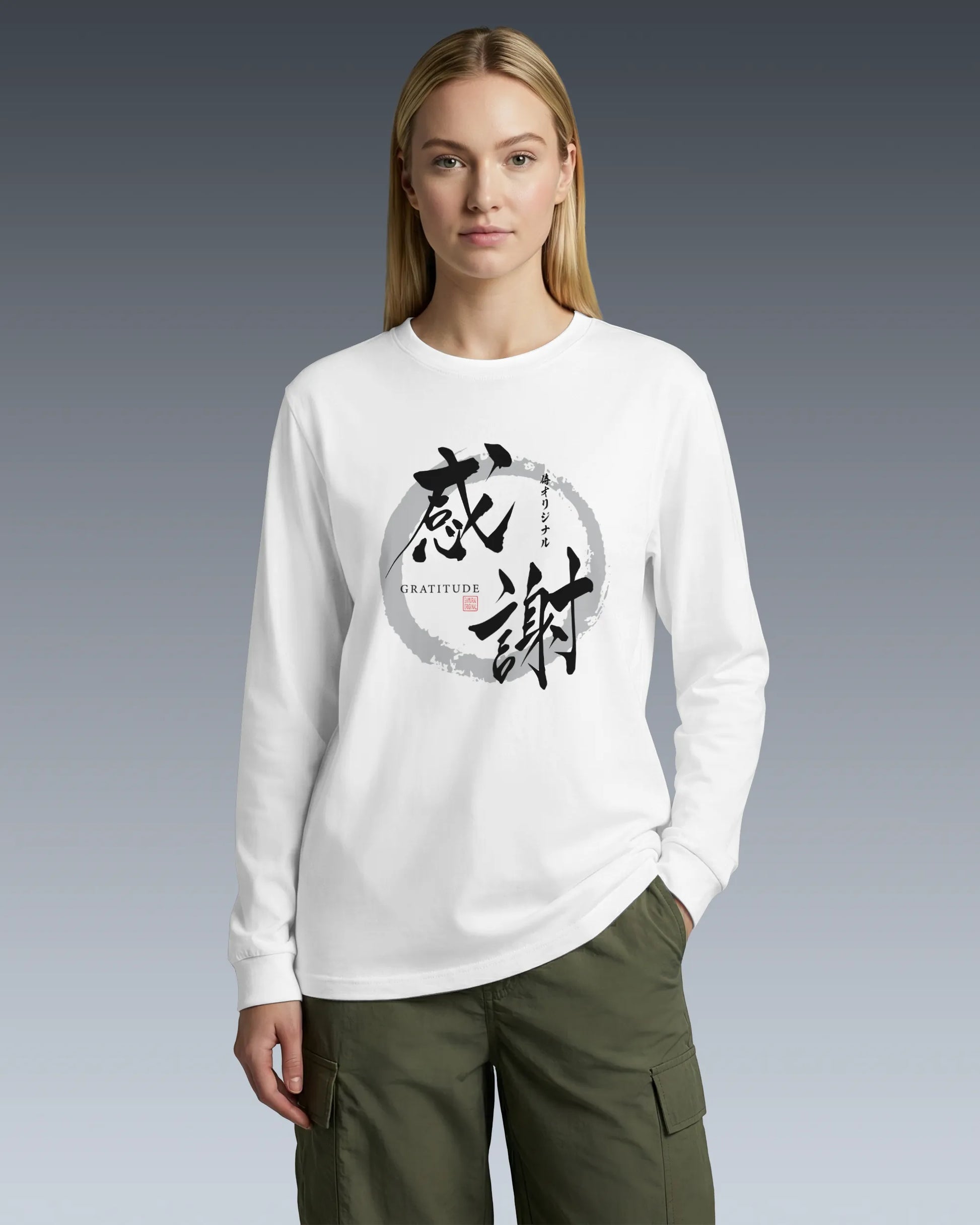 Gratitude Japanese Calligraphy Unisex Long Sleeve Tee - Samurai Original