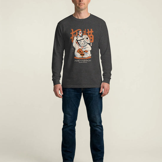 Halloween Cat Maneki Neko & Jason Voorhees Mask Unisex Long Sleeve Tee - Samurai Original
