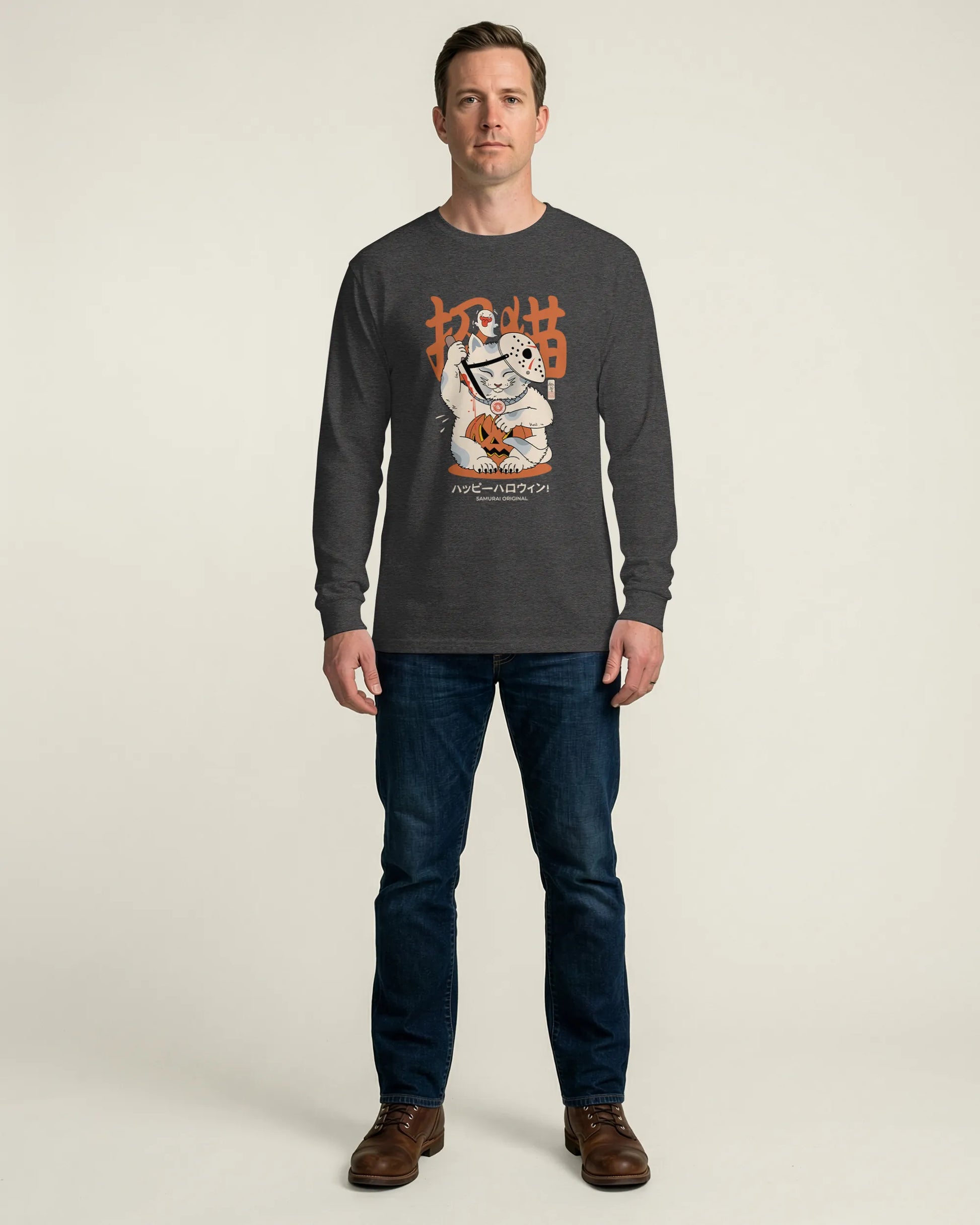 Halloween Cat Maneki Neko & Jason Voorhees Mask Unisex Long Sleeve Tee - Samurai Original