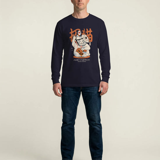 Halloween Cat Maneki Neko & Jason Voorhees Mask Unisex Long Sleeve Tee - Samurai Original