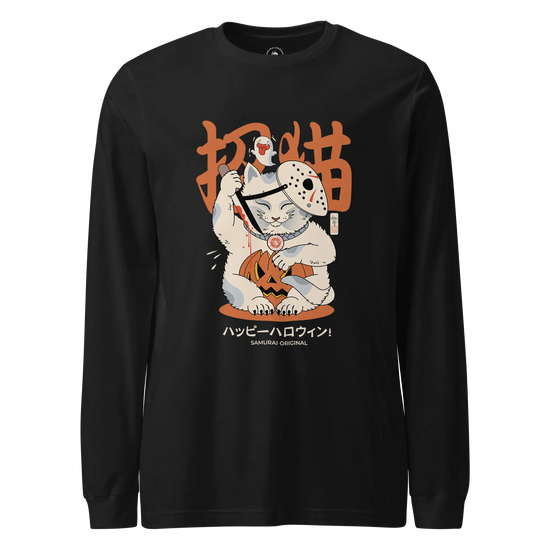 Halloween Cat Maneki Neko & Jason Voorhees Mask Unisex Long Sleeve Tee Black - Samurai Original