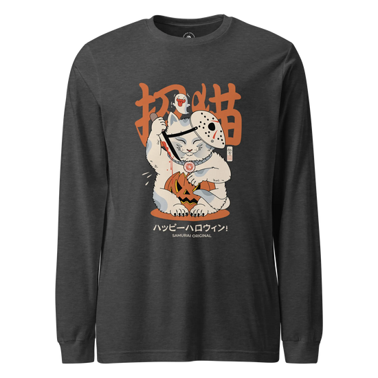 Halloween Cat Maneki Neko & Jason Voorhees Mask Unisex Long Sleeve Tee Dark Grey Heather - Samurai Original