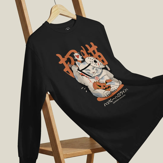 Halloween Cat Maneki Neko & Jason Voorhees Mask Unisex Long Sleeve Tee - Samurai Original