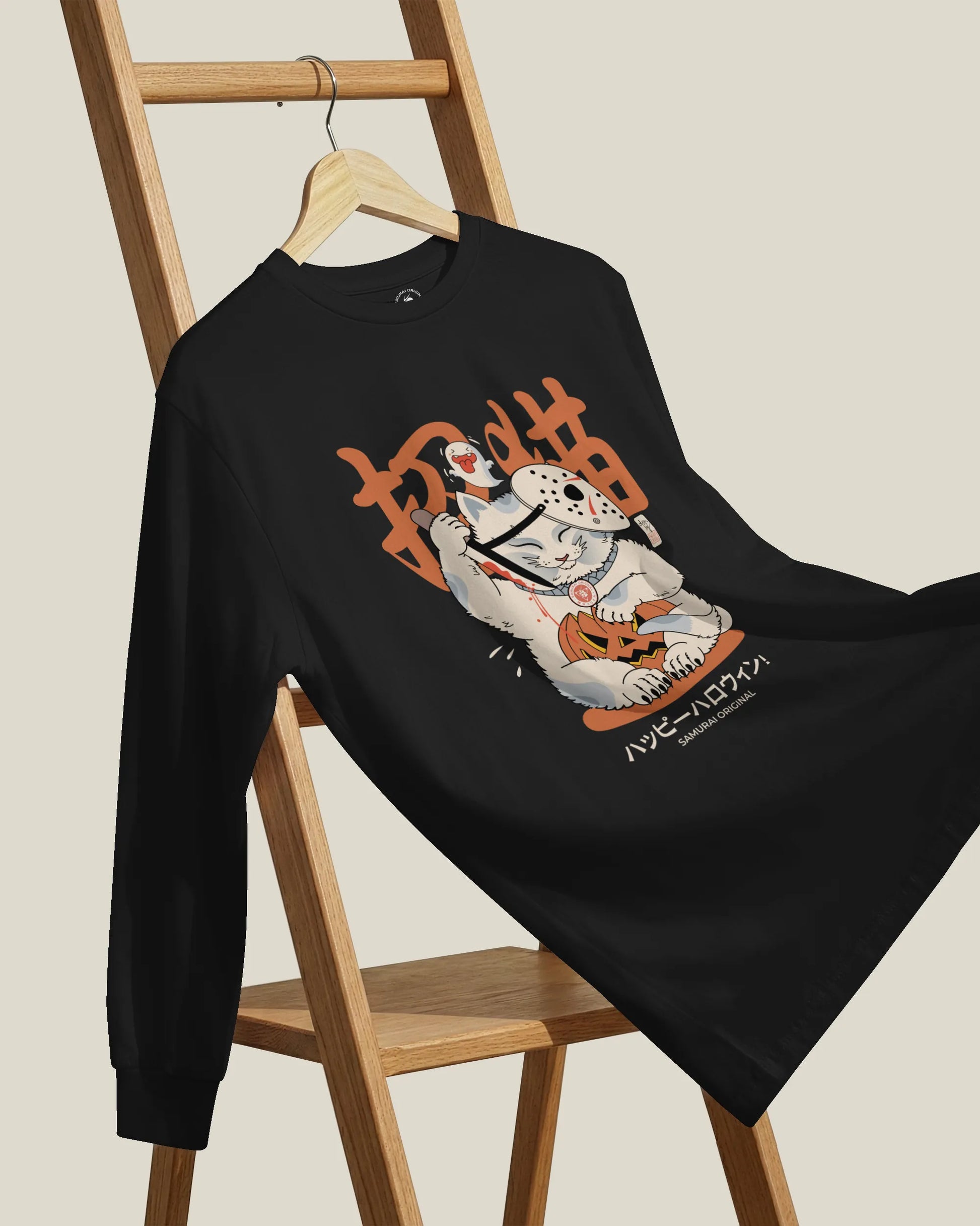 Halloween Cat Maneki Neko & Jason Voorhees Mask Unisex Long Sleeve Tee - Samurai Original