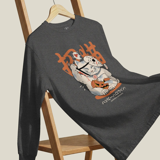 Halloween Cat Maneki Neko & Jason Voorhees Mask Unisex Long Sleeve Tee - Samurai Original