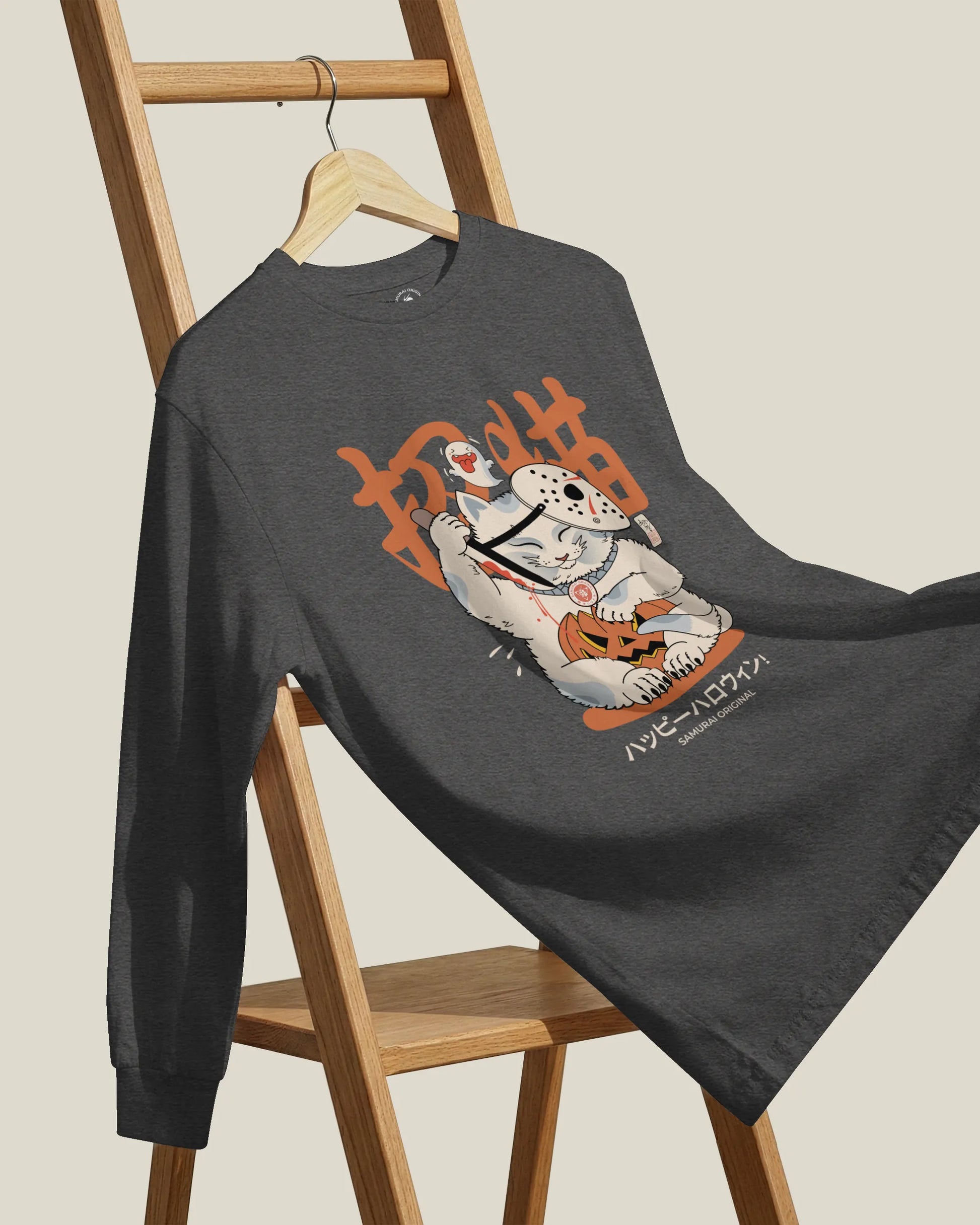 Halloween Cat Maneki Neko & Jason Voorhees Mask Unisex Long Sleeve Tee - Samurai Original