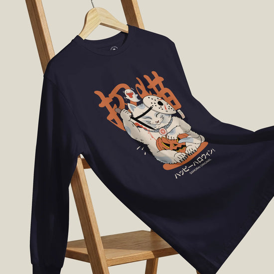 Halloween Cat Maneki Neko & Jason Voorhees Mask Unisex Long Sleeve Tee - Samurai Original