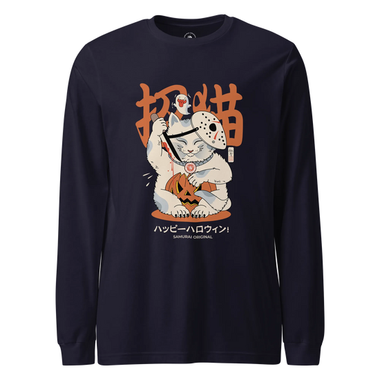 Halloween Cat Maneki Neko & Jason Voorhees Mask Unisex Long Sleeve Tee Navy - Samurai Original