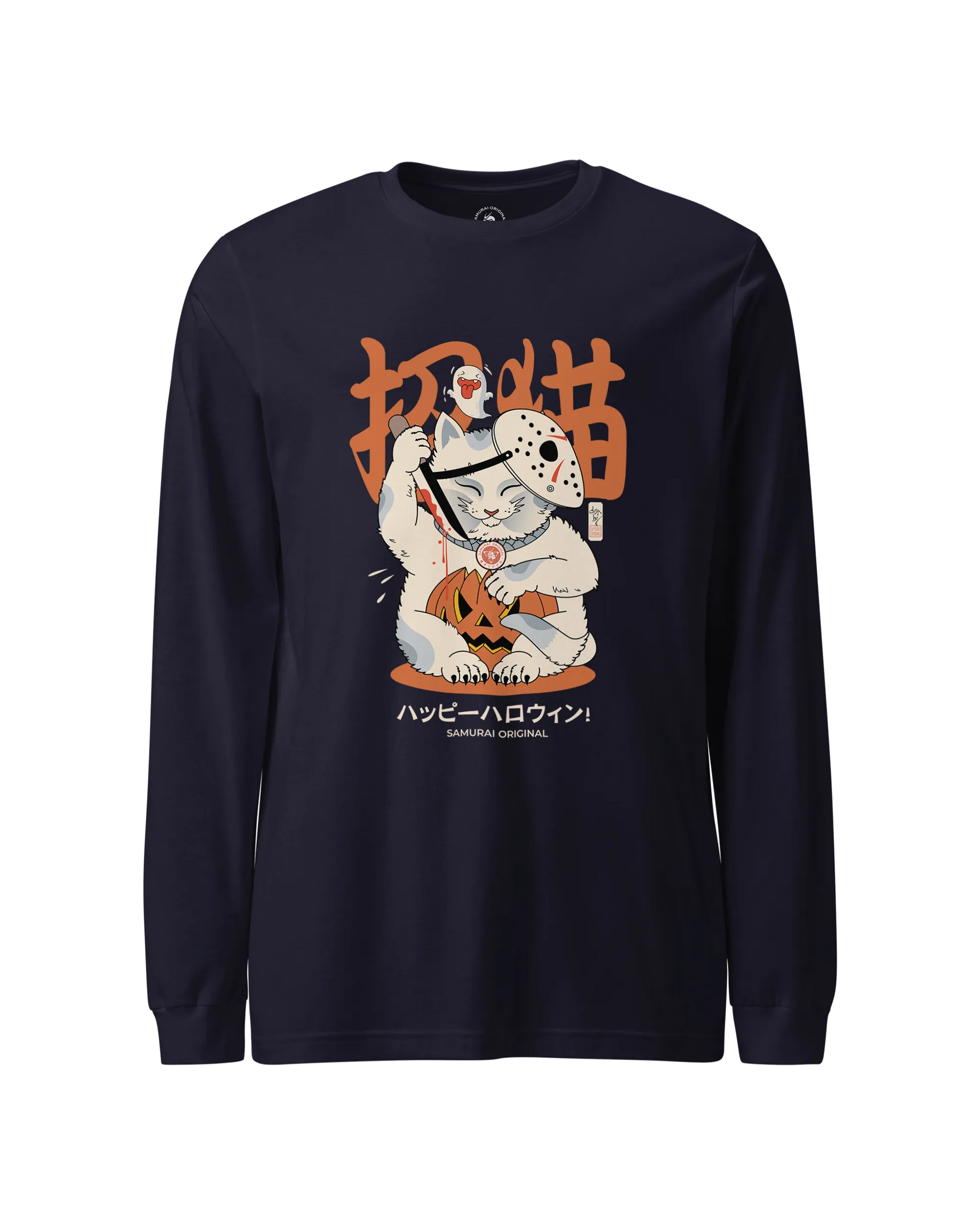 Halloween Cat Maneki Neko & Jason Voorhees Mask Unisex Long Sleeve Tee Navy - Samurai Original