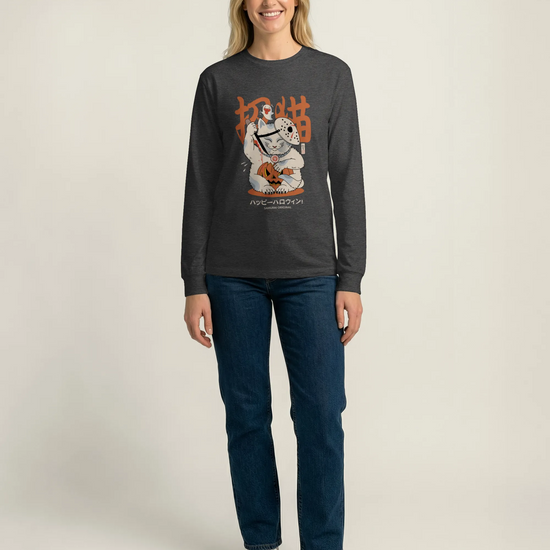 Halloween Cat Maneki Neko & Jason Voorhees Mask Unisex Long Sleeve Tee - Samurai Original