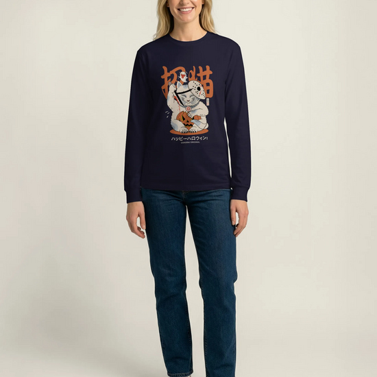 Halloween Cat Maneki Neko & Jason Voorhees Mask Unisex Long Sleeve Tee - Samurai Original