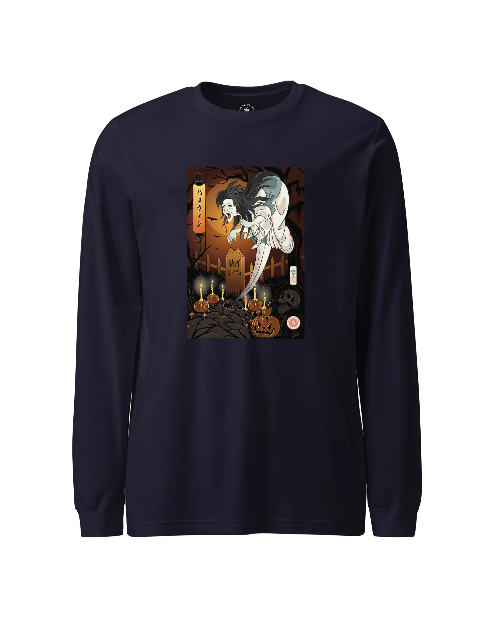 Halloween Horror Ghost Japanese Ukiyo-e Unisex Long Sleeve Tee Navy - Samurai Original