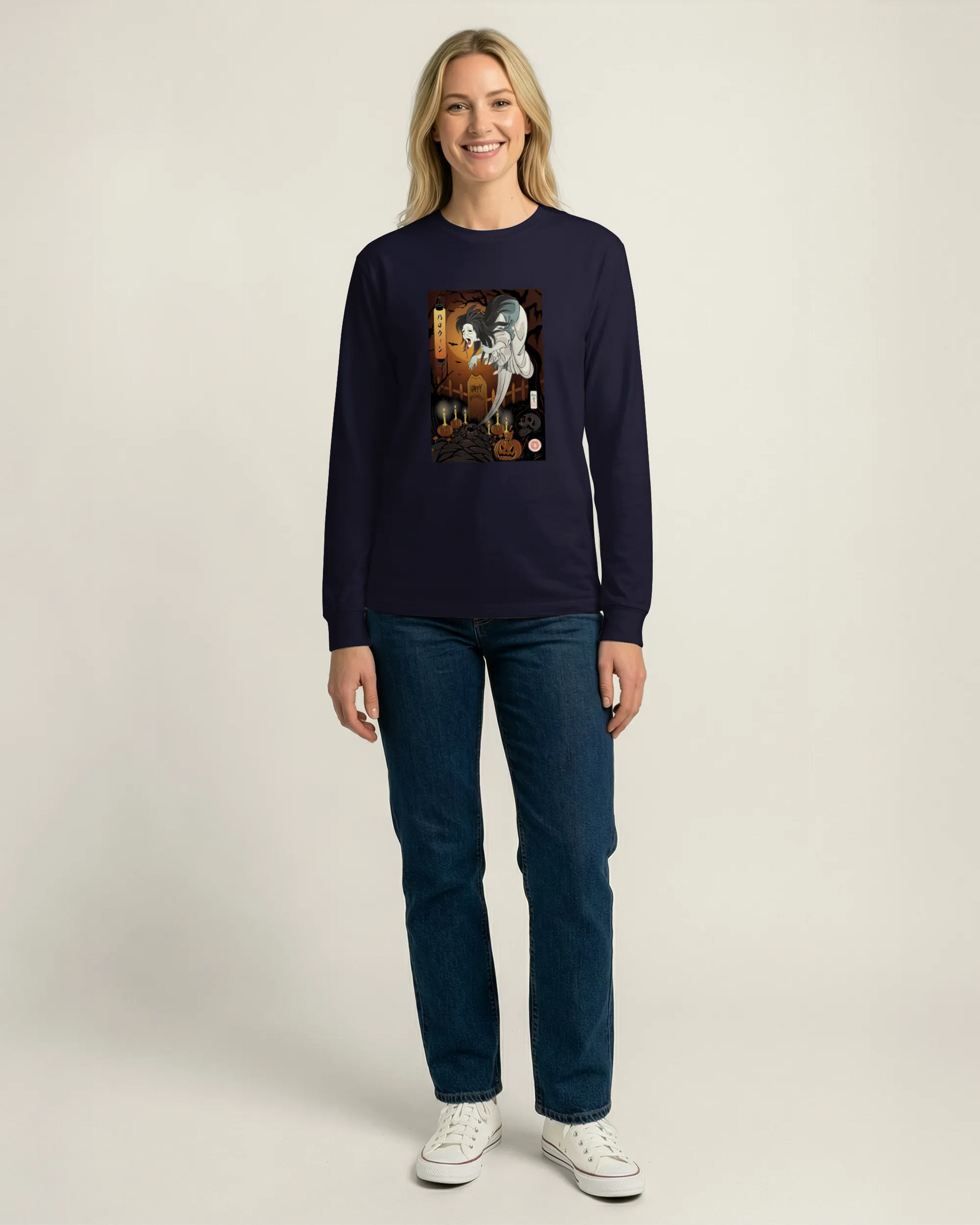 Halloween Horror Ghost Japanese Ukiyo-e Unisex Long Sleeve Tee - Samurai Original