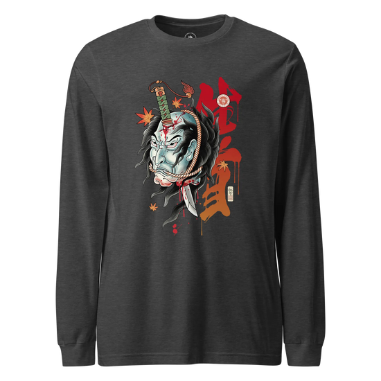 Halloween Namakubi Japanese Tattoo Unisex Long Sleeve Tee Dark Grey Heather - Samurai Original